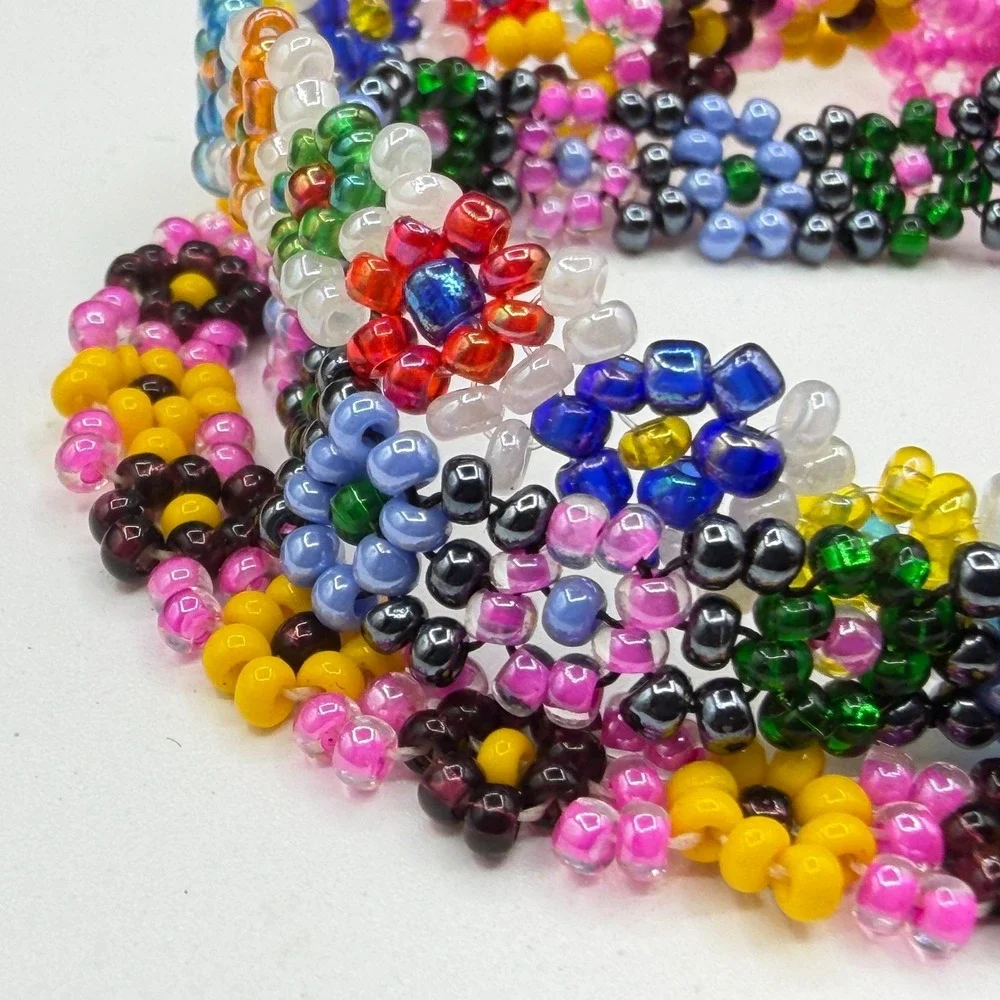 3Pc Colorful Handmade Seed Bead Floral Bracelets Daisy Friendship Jewelry Set